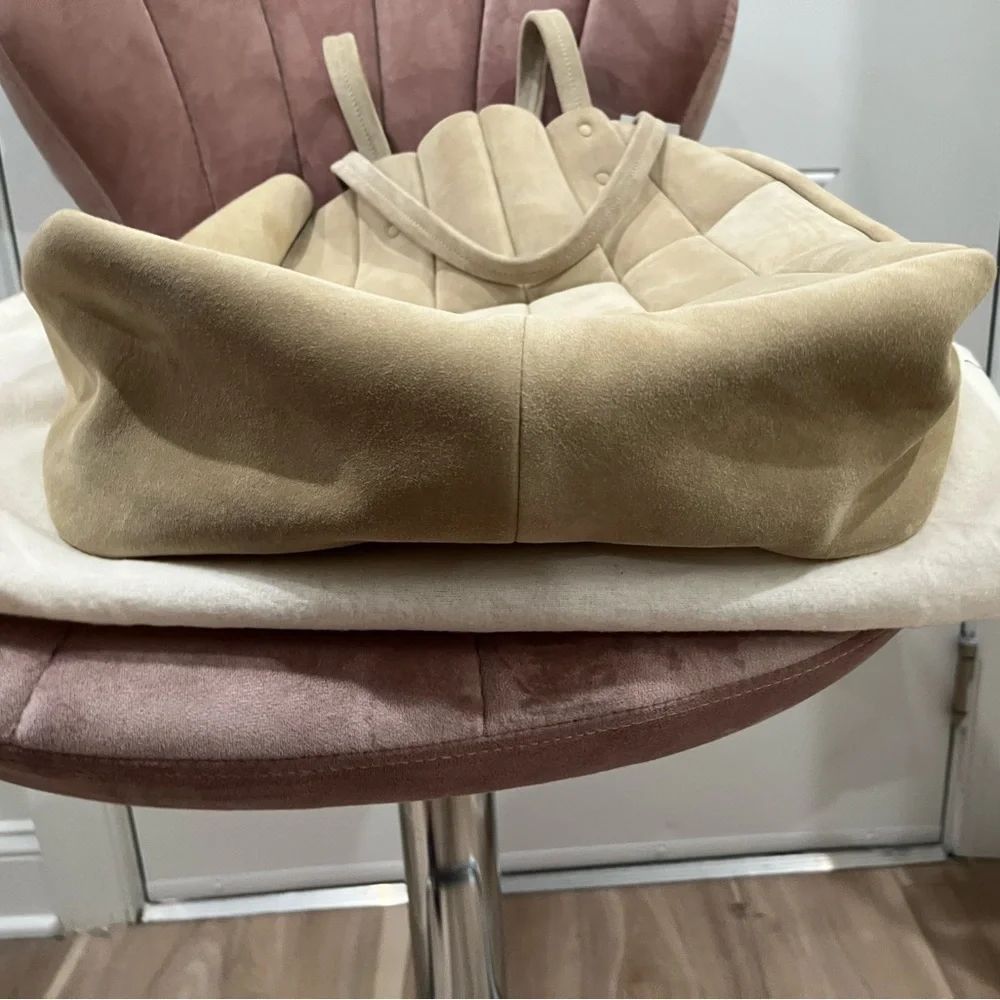 NWT KHAITE Zoe patchwork suede tote bag beige